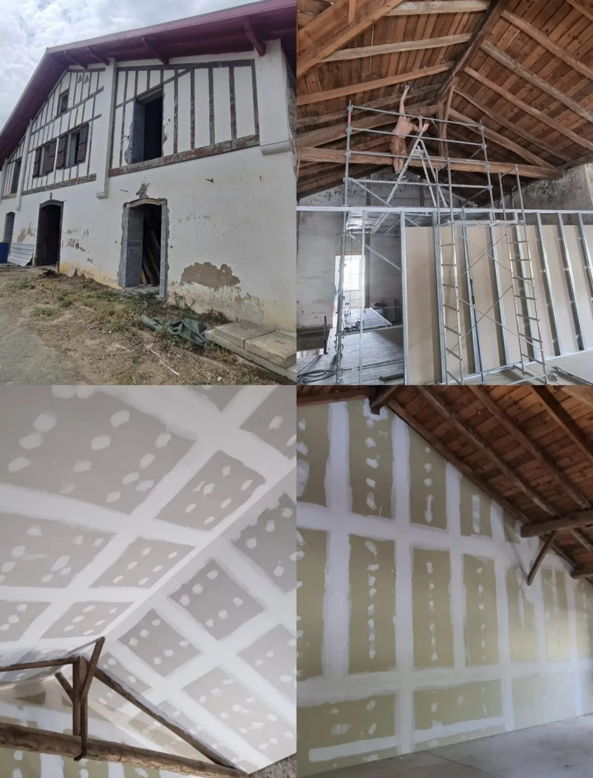 Rénovation d'une maison basque à colombages : façade avant travaux, échafaudage intérieur et doublage placo sous charpente apparente